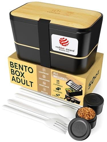 Umami Lunch Box Containers w/ 4 Utensils, 2 Sauce Jars, Nestable Space-Saving Bento Box Adult, 100% Leakproof, Microwavable Lunch Container for Adults - Image 1