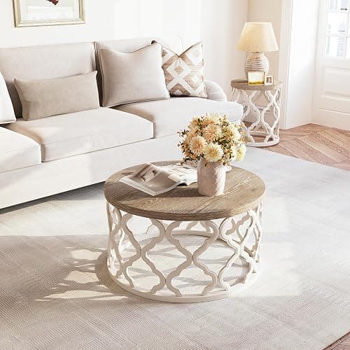 Farmhouse Coffee Table, French Country Round Coffee Table, Coastal Coffee Table with Distressed Top, Boho Center Table with Curved Motif Frame Base for Living Room, Dining Room, Bedroom, Cream Beige thumbnail 9