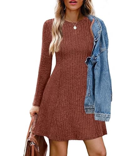 OFEEFAN Fall Dresses for Women 2025 Long Sleeve Crew Neck Sweater Dress thumbnail 4