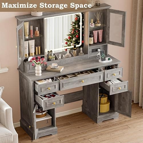 BORNOON Vanity Desk with Lights, Large LED Mirror with 3 Color Modes, Makeup Vanity with Power Outlet & USB Ports, 6 Drawers & 2 RGB Glass Cabinets, Farmhouse Dressing Table for Women & Girls (Wood) thumbnail 5