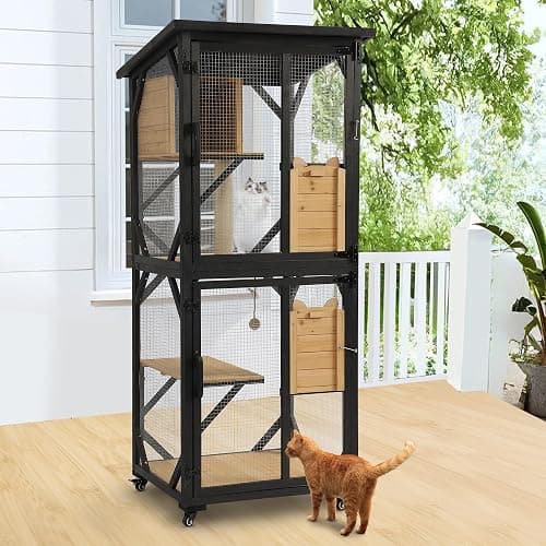 MAGIC UNION 71" Catio Outdoor Cat Enclosure Window Access, 4 Tiers Cats Playpen Catio with Wheels, Resting Box & Waterproof Roof, Indoor Large Cat House Cage with Scratching Post Sisal Ball (Black) thumbnail 2