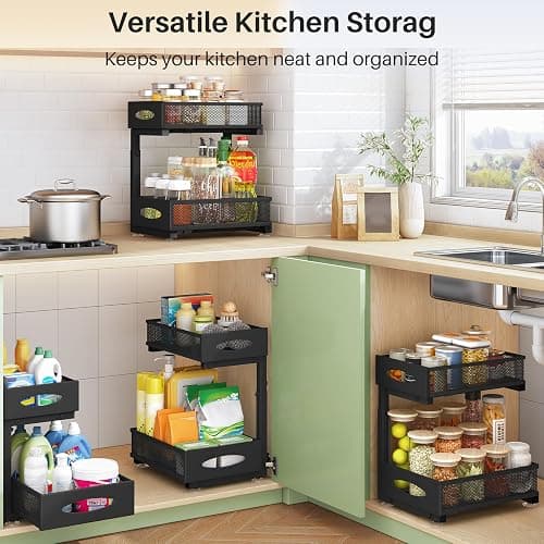 Under Sink Organizer, 2 Tier Pull out Cabinet Organizer Baskets with Mesh Sliding Drawers, Slide out Storage Shelf for Home, Kitchen, Bathroom, Pantry, Office Cabinet, Countertop(1 Pack) thumbnail 8