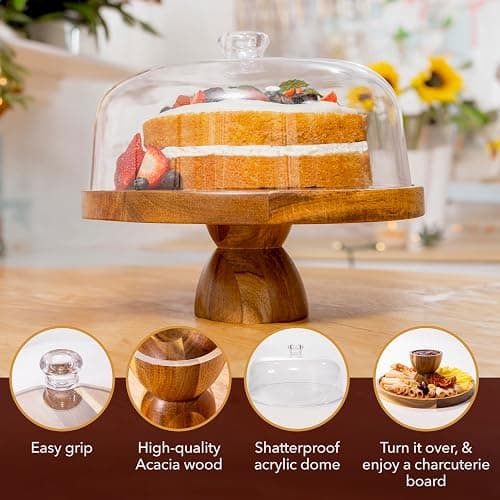 Acacia Wood Cake Stand with Dome Lid, Multifunctional 2-in-1 Round Cake Display with Shatterproof Acrylic Dome, Charcuterie & Cheese Board, Nachos & Snacks, Dessert Display thumbnail 4