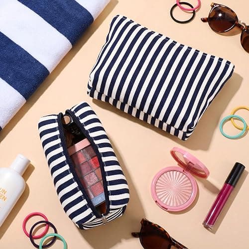 Sadnyy 2 Pcs Navy Blue Striped Makeup Bags Set Canvas Zipper Cosmetic Pouch for Purse Travel Toiletry Organizer Bag Gifts for Mom Women Beach Bridemaids Party Favors thumbnail 2