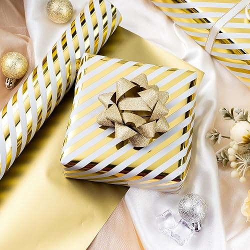 Burymento Platinum Stripe Wrapping Paper, Reversible Gold Gift Wrap for Birthday, Valentines, Mothers day, Graduation, Wedding, Fathers day, Baby Shower, Christmas (17in x 32.8ft) thumbnail 3
