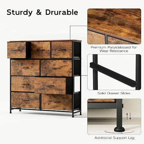 WLIVE Tall Dresser for Bedroom, 9 Drawer Chest of Drawers, Rustic Brown | 9 roomy fabric drawers, Tall storage design, Bedroom or closet use, Sturdy steel frame, Smooth wood tabletop thumbnail 9