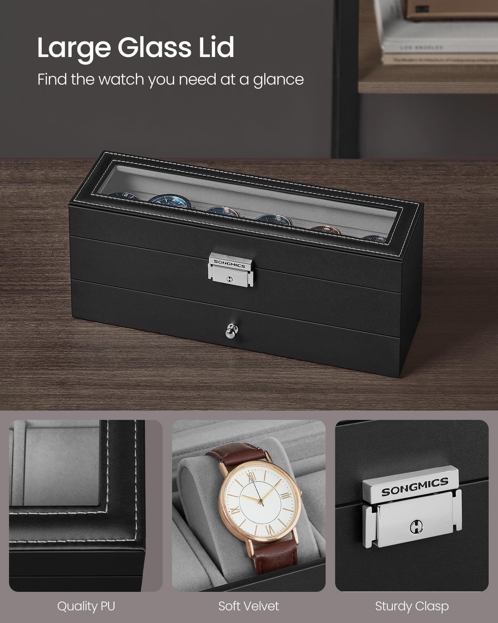 2. SONGMICS 6-Slot Watch Box, Lockable Watch Case with Glass Lid, 2 Layers, with 1 Drawer for Rings, Bracelets, Gift Idea, Black Synthetic Leather, Grey Lining JWB060G01 thumbnail 5
