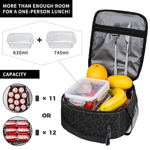 DORKEIXIA Black Leopard Cheetah Print Animal Skin Print Insulated Lunch Bag Portable Reusable Zipper Lunch Box For Men Women Work Picnic Travel Camping thumbnail 6