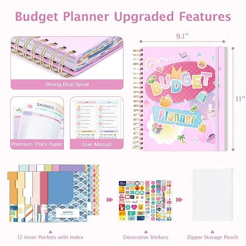 Ospelelf Oversized Budget Planner and Monthly Bill Organizer, Spiral Bindding Money Expense Tracker with Pockets & Stickers, 9" X 11" Large Pages for Spacious Writing, Original Fun Colorful Design, 12 Month Financial Notebook Pink thumbnail 3