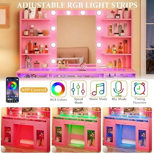 HUAHUU Vanity Desk, Makeup Vanity Desk with Mirror and Lights 3 Colors, Transparent Top with 3 RGB Drawers, 6 Shelves, 2 Large Tempered Cabinets, Power Outlet, for Bedroom, Pink thumbnail 3