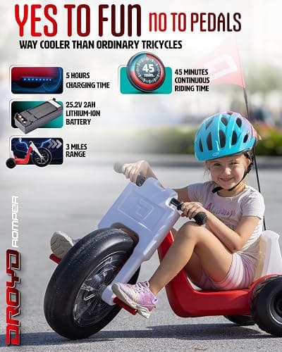 Droyd Romper Electric Tricycle for Kids 3+ Years, 24V Toy 3-6 MPH Max Speed & 45 Mins Max Long Lasting, Parental Speed Control Safe Trike with Adjustable Seat & LED Lights for Kids Gifts thumbnail 3