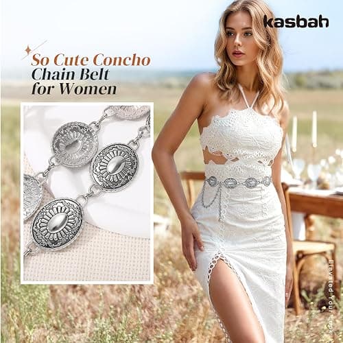 KASBAH Women Western Concho Belts For Dresses Jeans Cowgirl Waist Chain Belt Adjustable Metal Concho Country Belt - Antique Sliver - Fit waist size 25"-32"(43"length) thumbnail 2