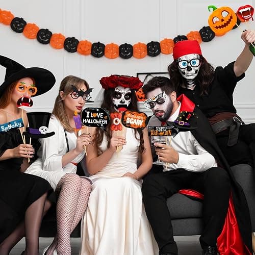 45Pcs Halloween Photo Booth Props Kit, Scary Halloween Photo Booth, Selfie Props for Dress Up Party Costumes Accessories Hallo ween Party Decorations thumbnail 2