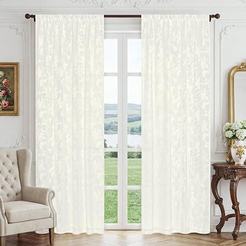 FMFUNCTEX Beige Semi Sheer Curtains for Bedroom, Floral Jacquard Voile Light Filtering Privacy Curtains 84 Inches Long for Living Room, Voile Light Filtering Privacy Window Drapes Rod Pocket 2 Panels thumbnail 2