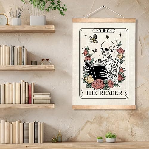 HEYJEEPER The Reader Tarot Card Wall Art, 14x18inch Gothic Skeleton Reading Books, Canvas Wall Hanging Poster,Library, Reading Corner Decor,Vintage Witchy Room Decor (Reader) thumbnail 2