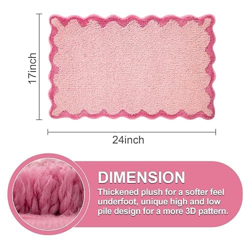 ORTIGIA Small Pink Scalloped Bath Mat, Cute Plush Microfiber Scallop Bathroom Rugs Non Slip Washable Quick Dry Absorbent, Bathmat Carpet for Shower Stall Vanities Kitchen Floor Entrance, 17x24 thumbnail 2