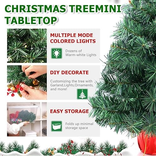 Santanelo 2ft Pre-lit Artificial Mini Christmas Tree,Small Xmas Pine Tree with 50 Lights, Tabletop Christmas Tree Battery Operated Green Xmas Tree for Tabletop thumbnail 4