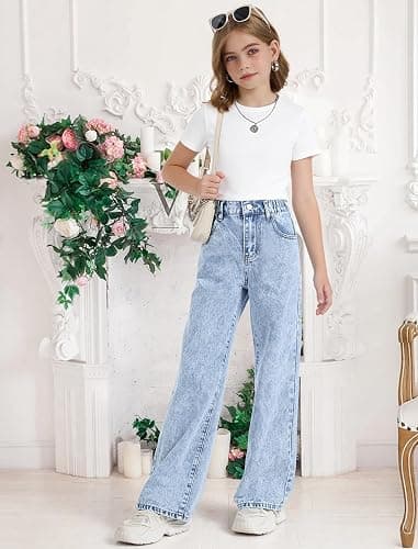 Fulihug Girls Wide Leg Jeans Baggy Bow Embroidery High Elastic Waist Denim Pants Cute Y2K Trendy Tween Streetwear 8-16Y thumbnail 2