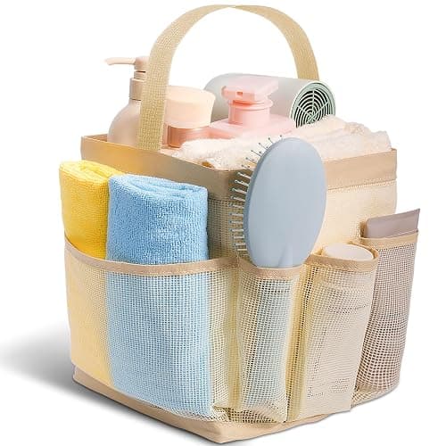Mesh Shower Caddy for College Dorm Room Essentials for Girls with 9 Pockets,Large-Capacity Shower Basket,Quick Dry Toiletry Tote Bag for Women,Outdoor Gym,Travel,Swim,Beach Camping Essentials-Beige - Image 1