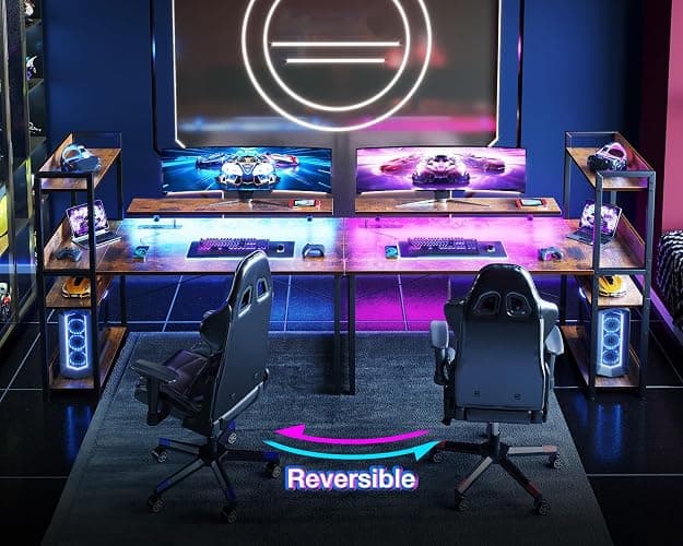 ODK Reversible Gaming Desk with Power Outlets and LED Lights, 48 Inch Computer Desk with Storage Shelves and Monitor Stand, Modern Writing Study Desk for Home Office, Rustic Brown thumbnail 6
