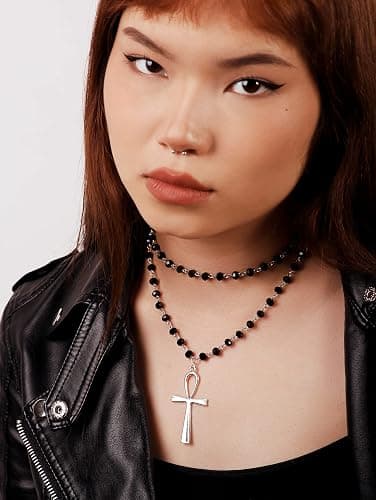 Sacina Layered Black Ankh Cross Choker, Beaded Choker, Gothic Emo Punk Grunge Necklace, Goth Jewelry, Halloween Christmas Jewelry Gift for Women thumbnail 3
