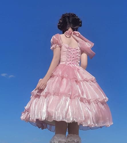ZZEQYG Womens Lolita Dress for Girl Gothic pink puff sleeve dress with Bow - Medium - Pink-op thumbnail 5