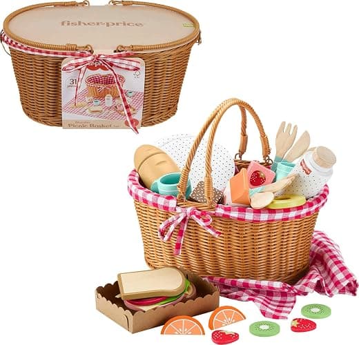 Fisher-Price Wood Pretend Play Toy Picnic Basket, 31-Piece Wooden Food Playset for Preschool Kids Ages 3+ Years - Image 1