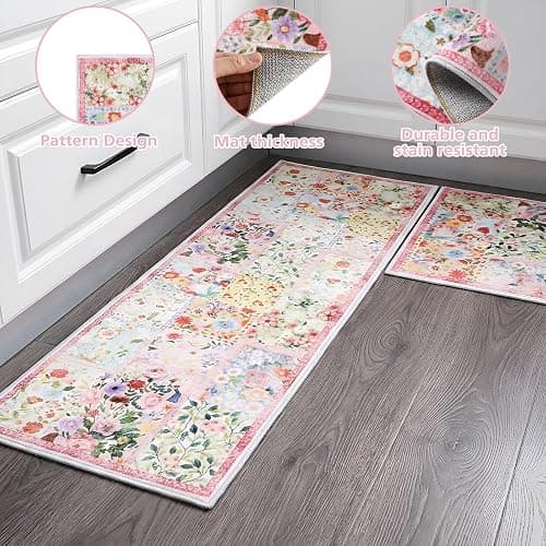 Klyyo Clyro Pink Floral Kitchen Rugs Set of 2 Cute Farmhouse Floor Mats Soft Non Slip Cushioned Washable Kitchen Rugs for Home Entrance Laundry Office Sink Spring Summer Decor, 17 x30 +17 x47 thumbnail 4
