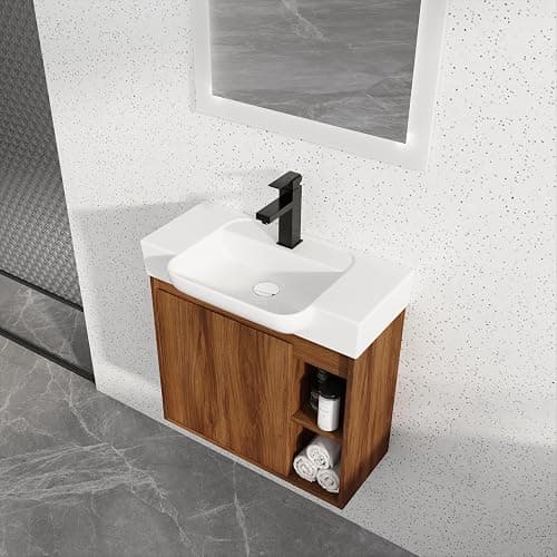 KEIKI 24'' Bathroom Vanity Cabinet with Ceramic Sink & Open Shelf, Wall Mounted Floating Bathroom Vanity with Soft-Close Cabinet Door, for Small Bathroom, Brown Ebony - 24" - Image 1