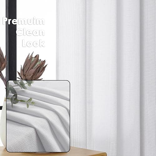 OWENIE Bob White Curtains 63 Inch Length 2 Panels Set for Living Room Bedroom, Light Filtering Faux Linen Textured Soft Window Curtain, Solid Soft Rod Pocket Drapes, 40Wx63L Inches, 2 Pcs, White thumbnail 3