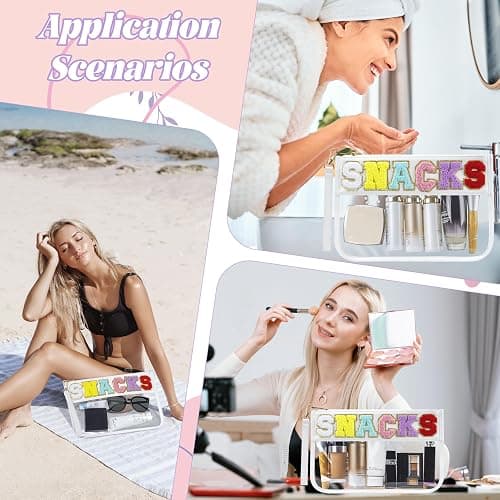 Buycard Snack Bag for Travel with Chenille Letter Patch-Preppy Waterproof Pouch for Travel, Makeup, Gym,Zippered Cosmetic Tote for Women & Girls,Holiday Essentials for Kids. (White) thumbnail 5