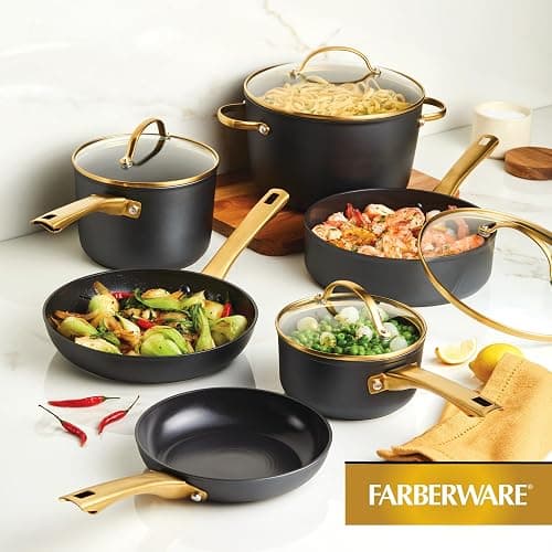 Farberware Forged Induction Ceramic Nonstick Pots and Pans Set with Lids and Kitchen Cooking Tools - Dishwasher Safe, Suitable for All Stovetops, 12 Piece Cookware Set - Black and Gold thumbnail 2