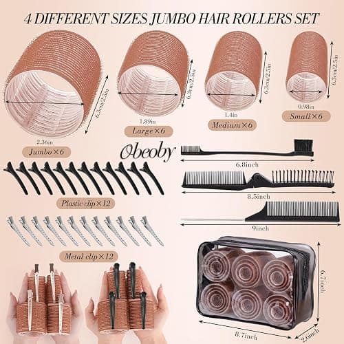 obeoby 4 Sizes Hair Rollers for Women Heatless Self-Grip Curlers Set, Brown thumbnail 2