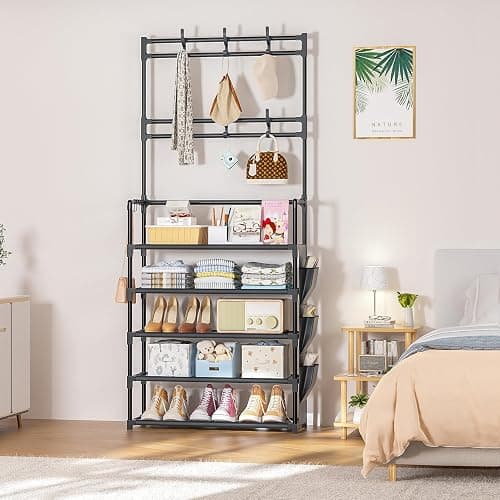 OYREL Shoe Rack 5 Tier Shoe Organizer Storage 15-20 Pairs Shoes Rack for Closet Entrance Shoe Rack Organizer with Hooks and Side Pocket Entryway Shoe Holder Space Saving Free Standing Shoe Racks thumbnail 9