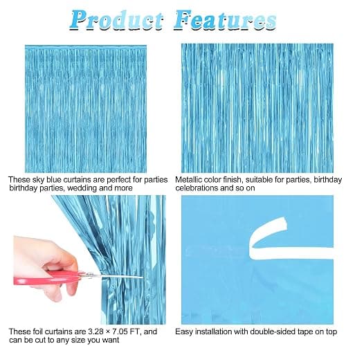 ZATAYE 2 Pack Sky Blue Foil Curtain Backdrop Birthday Party Decorations | Sky Blue, Metallic Foil, 3.28 x 7.05 FT, Tinsel Backdrop, Foil Curtain Streamer, Winter Wonderland Party thumbnail 5