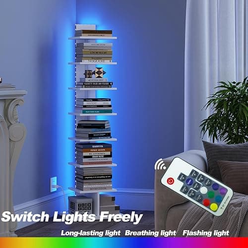 TUTOTAK Narrow Bookshelf, 8-Tier Bookcase with LED Lights, Spine Book Shelf for Small Space, Corner Standing Shelf for Living Room, Office, Study, Entryway, White BS06BW008L thumbnail 5