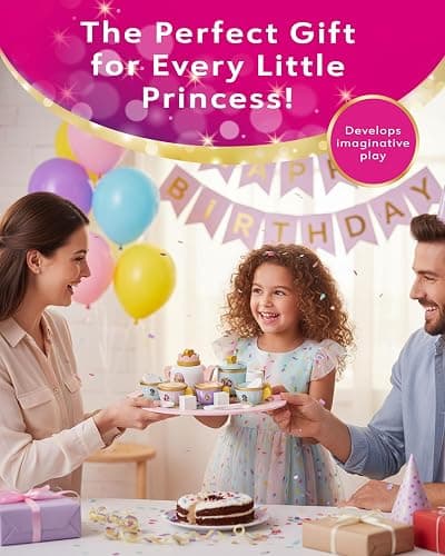 Disney Princess Wooden Tea Set – Pretend Play Tea Party Toy for Kids – Includes Teapot, Cups, Saucers, Spoons & Tray – Imaginative Role Play Set for Girls & Boys – Ages 3+, Pink thumbnail 6