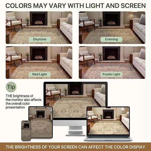 Bavni Washable Rug 8x10 Area Rug for Living Room Bedroom Dining, Washable Vintage Print Carpet, Ultra-Thin Low Pile Lightweight Rug with Non Slip Backing, Light Brown thumbnail 8