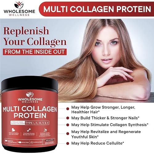 Wholesome Wellness Premium Multi Collagen Peptides Protein Powder for Women and Men, 5 Types of Hydrolyzed Collagen, Grass-Fed, Non-GMO & Unflavored, Pure Protein for Youthful Skin & Joint Recovery thumbnail 7