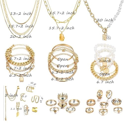 IFKM Gold Plated Jewelry Set for Women,14k Gold Plated Multi Layer Necklaces Stackable Bangle Bracelets Stackable Knuckle Rings Hoop Earrings Set Anniversary Trendy Elegance Charms Anniversary Birthday Jewelry Gift thumbnail 7