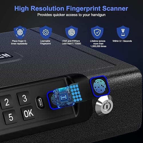 Biometric Gun Safe for Pistols 3-Ways unlock Fingerprint Digital PIN Key Unlock Handgun Safe with Sound, Lock box for Cloakroom living room Bedroom Nightstand and Car BILLCONCH thumbnail 4
