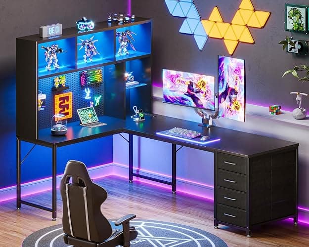 AODK 63" L Shaped Desk for Gaming and Working，Black | PC Desk with Hutch, Pegboard & Shelves, 4 Drawers, Integrated LED Light Strip & Power Outlets, Reversible thumbnail 5