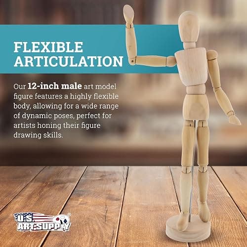 U.S. Art Supply 12" Wooden Male Manikin Posable Figure for Drawing - Articulated Mannequin with Base and Flexible Body for Drawing The Human Figure thumbnail 2