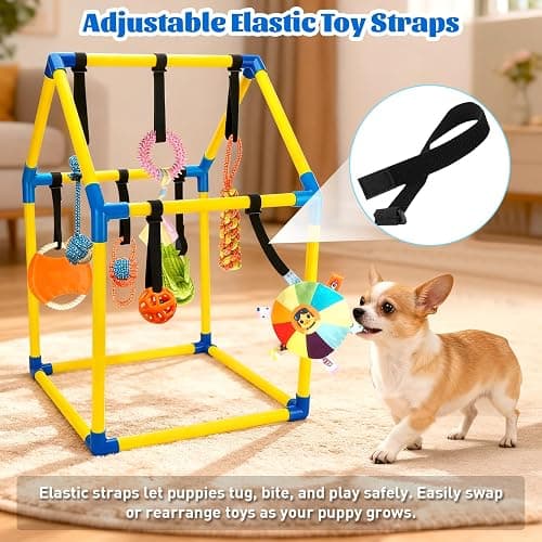 Puppy Play Gym with 9 Hanging Toys, Interactive Dog Enrichment Playground, Removable Indoor Training Activity Center for Puppies & Small Dogs, Adjustable PVC Frame, Teething & Squeaky Toys Included thumbnail 3