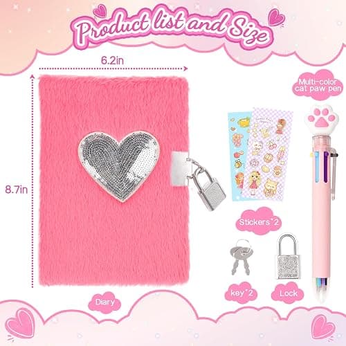PrinBarBee Heart Diary with Lock, Secret Journal Gift for Girls Ages 8-10, Pen & Stickers thumbnail 2