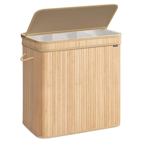 SONGMICS Laundry Hamper with Lid, Bamboo Laundry Basket, Removable Machine Washable Hamper Basket, with Handles, 150 L, for Laundry Room, Bedroom, Washroom, Natural Beige LCB062N01 - Image 1