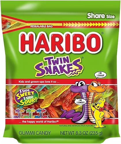 HARIBO Gummi Candy, Twin Snakes Sweet & Sour Gummy Candy, 8.3 Ounce Resealable Share Size Stand Up Bag, Soft & Chewy Snacks, Assorted Fruity Flavors - Image 1