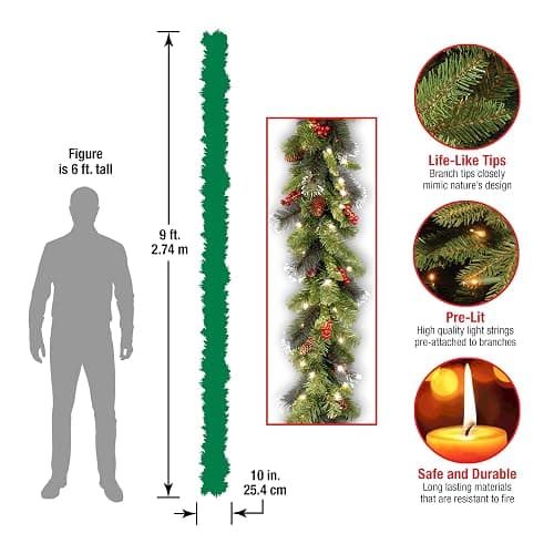 National Tree Company 9 ft Pre-Lit Crestwood Spruce Artificial Christmas Garland, Christmas Decoration with Glitter, Pinecones, Red Berries, 50 Clear Lights, 180 Tips, Green thumbnail 2