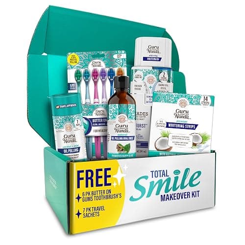 GuruNanda Total Smile Makeover Kit Regular with Cocomint Oil Pulling, Dual Barrel Whitening Mouthwash, Whitening Strips & Butter on Gums Toothbrushes - Image 1