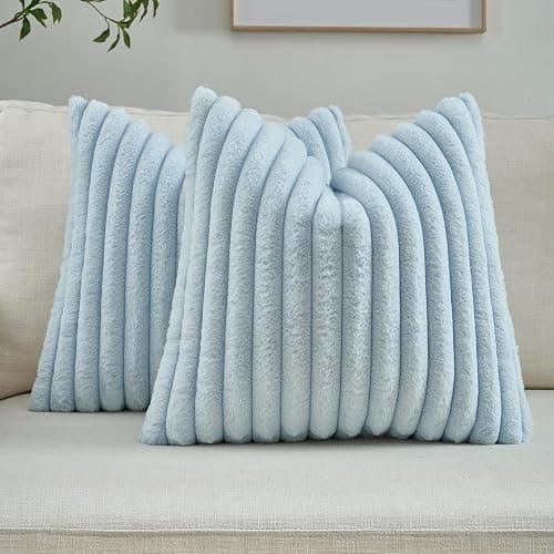 FUTEI Light Blue Striped Decorative Throw Pillow Covers 18x18 Inch Set of 2,Square Winter Decorations Couch Pillow Case,Soft Cozy Faux Rabbit Fur & Velvet Back,Modern Home Decor for Bed - Image 1